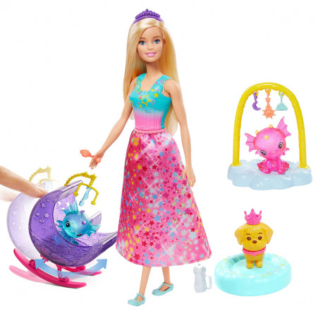 KIT BARBIE DREAMTOPIA BAMBOLINA 30CM CAPELLI BIONDI + CON CUCCIOLI DRAGHETTI + ACCESSORI ORIGINAL MATTEL