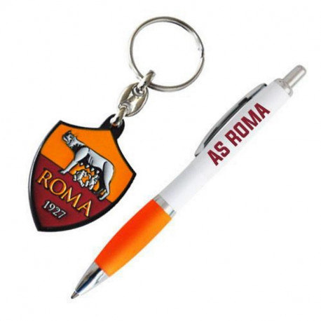 SET DUE PEZZI AS ROMA PENNA A SFERA CON SCATTO E PORTACHIAVI ACCIAIO CON LOGO AS ROMA OFFICIAL PRODUCT GIEMME TO.ITALY