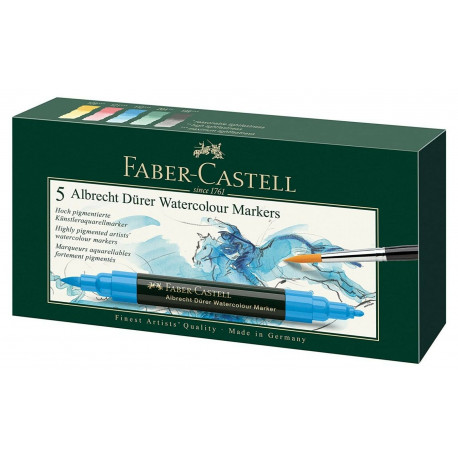 CONFEZIONE 5 MARKER ACQUARELLABILI A BASE D"ACQUA PER ARTISTI A DOPPIA PUNTA 1 A PENNELLO 1 OGIVA FABER CASTELL