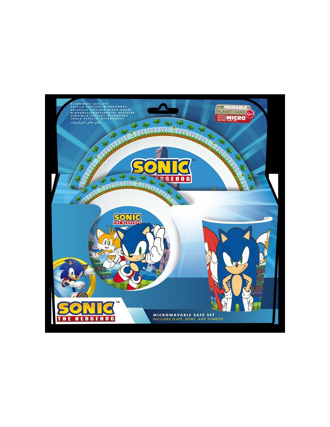 SET PAPPA 3 PEZZI SONIC THE HEDGEHOG ORIGINAL MELANINA PIATTO PIANO  SCODELLINA E BICCHIERE MICROONDE MAX 2 MINUTI - Parole e Pensieri