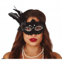 MASCHERA VENEZIANA NERA CON PIUME E FIORE NERI PER TRAVESTIMENTI DI CARNEVALE A TEMA VENEZIANO MASCHERINA CON ELASTICO