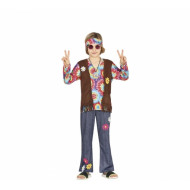 COSTUME CARNEVALE DENIM HIPPIE 5/6 ANNI VESTITO COMPLETO DI BANDANA/CAMICIA CON GILET/PANTALONI ANNI 60/70 NO ACCESSORI