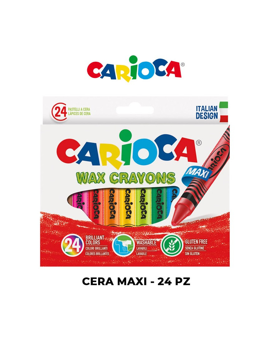 WAX CRAYONS ASTUCCIO 24 MAXI PASTELLI A CERA 10X1CM COLORI BRILLANTI  LAVABILI SENZA GLUTINE CARIOCA - Parole e Pensieri