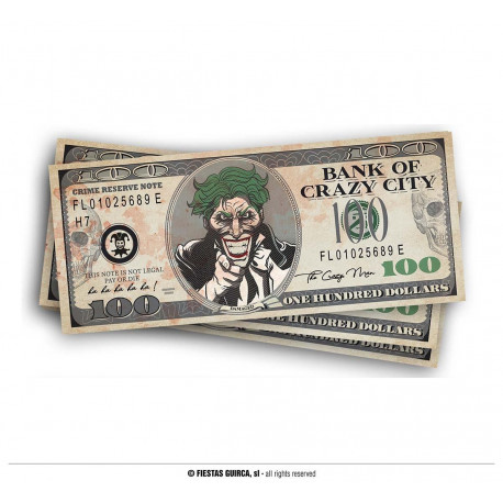 MAZZETTA 75 BANCONOTE MR SMILE 6X15CM DA 100 DOLLARI BANK OF CRAZY CITY CLOWN PER HALLOWEEN SCENE PARTY A TEMA JOKER