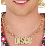 COLLANA ORO DISCO PER TRAVESTIMENTI DI CARNEVALE FESTE E PARTY ANNI 70/80 SCRITTA DISCO 7CM IN PLASTICA COLORE ORO