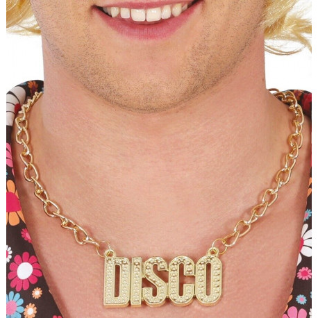 COLLANA ORO DISCO PER TRAVESTIMENTI DI CARNEVALE FESTE E PARTY ANNI 70/80 SCRITTA DISCO 7CM IN PLASTICA COLORE ORO