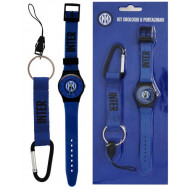 FC INTERNAZIONALE KIT OROLOGIO DA POLSO IN PVC E PORTACHIAVI CON MOSCHETTONE NERO AZZURRO CON LOGO PRODOTTO UFFICIALE