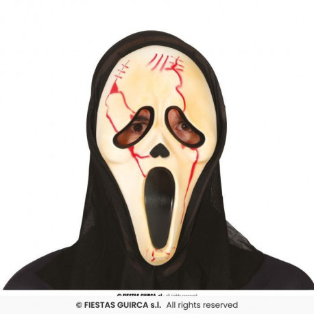 MASCHERA ASSASSINO CON CAPPUCCIO NERO PER TRAVESTIMENTI HALLOWEEN/CARNEVALE HORROR A TEMA SCREAM SCARY MOVIE GRIDO