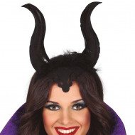 DIADEMA DIAVOLA CORNA NERE CON PELO REGINA MALEFICA PER TRAVESTIMENTI DI CARNEVALE ALLOWEEN SCENE E PARTY A TEMA HORROR