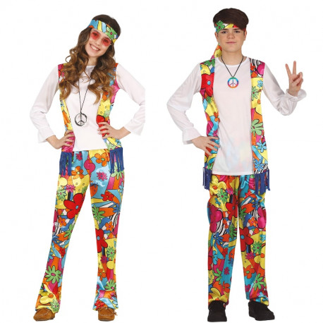 COSTUME HIPPIE 14/16ANNI VESTITO CARNEVALE COMPLETO PANTALONI MAGLIA C/GILET BANDANA FIGLI DEI FIORI ANNI 70 NO ACCESSOR