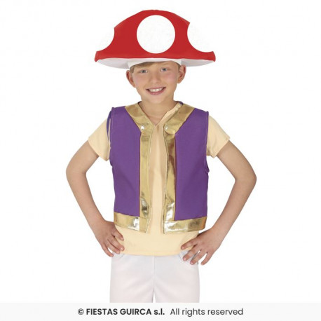 SET2 PEZZI PER CARNEVALE MARIO COSTUME DA FUNGO 7/9 ANNI BIANCO ROSSO CAPPELLO IMBOTTITO GILET VIOLA E ORO NO ACCESSORI