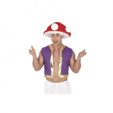 SET2 PEZZI PER CARNEVALE MARIO COSTUME DA FUNGO TG L52/54 CAPPELLO IMBOTTITO BIANCO ROSSO GILET VIOLA E ORO NO ACCESSORI