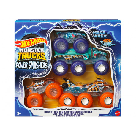 HOT WHEELS MONSTER TRUCKS MULTIPACK CAMION SET CON TIGER SHARK E MEGA-WREX IN SCALA 1:64 E GRANDI TIR E TRASPORTATORE