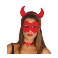 SET DIAVOLA ROSSO 2 PEZZI MASCHERINA + DIADEMA CON CORNA IN STOFFA 100% POLIESTER.PER FESTE DI HALLOWEEN/CARNEVALE