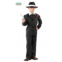 COSTUME CARNEVALE GANGSTER BABY 10/12 ANNI VESTITO COMPLETO DI GIACCA/PANTALONE/CAPPELLO A STRISCIE/CRAVATTA E PISTOLA