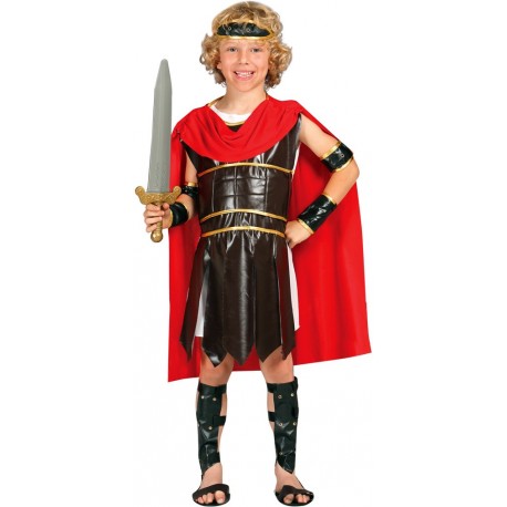 COSTUME CARNEVALE GUERRIERO ROMANO 7/9 ANNI VESTITO COMPLETO BENDA TESTA/TUNICA CON MANTELLO/BRACCIOLI/MAGLIA/C.GAMBE