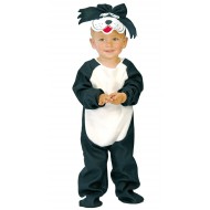 COSTUME CARNEVALE GATTO BABY 12/24 MESI VESTITO COMPLETO TUTA E CAPPELLO BIANCO E NERO 100%POLIESTER COD 78142