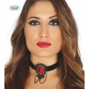 COLLANA TESSUTO NERO CON ROSA SU PENDOLO IN METALLO ARTICOLO PER TRAVESTIMENTI DI HALLOWEEN CARNEVALE E PARTY A TEMA