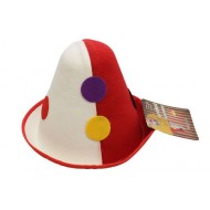 CAPPELLO CLOWN A CONO H24CM DIAM.INTERNO 18CM EST.23CM BIANCO ROSSO DECORATO PER TRAVESTIMENTI DI CARNEVALE GIOCOLIERE