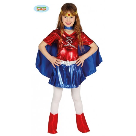 COSTUME CARNEVALE SUPERHEROINA X TRAVESTIMENTI A TEMA WONDER WOMAN BABY 5/6 ANNI VESTITO CINTURA FASCIA MANTELLO NO ACC