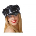 CAPPELLO SADOMASO CON VISIERA NERO IN VINILE CON CATENELLA PER TRAVESTIMENTI DI CARNEVALE E PARTY A TEMA SEXY VILLAGE