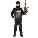 COSTUME CARNEVALE SWAT 5/6 ANNI VESTITO NERO COMPL.TUTA/PASSAMONT/GILET/C.GINOCCHIA PER TRAVESTIMENTI POLIZIA NO ACCE