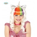 PARRUCCA UNICORNO BIANCA CON FRANGIA MULTICOLOR CON ORECCHIE E CORNO ARGENTO PER TRAVESTIMENTI DI CARNEVALE E SPETTACOLI