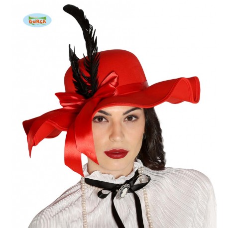 Cappello di carnevale da dama rosso con boa di struzzo nero