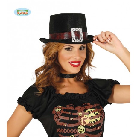 CAPPELLO A CILINDRO STEAMPUNK EFFETTO VELLUTO CON FIBBIA PER TRAVESTIMENTI SPETTACOLI E SCENE A TEMA GOTICO VITTORIANO