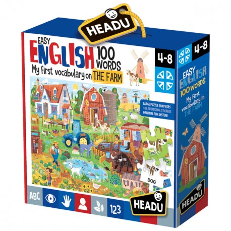 HEAUDU EASY ENGLISH 100 WORKDS 100 ADESIVI ATTACCA E STACCA E UN PUZZLE GIGANTE 60X43CM.