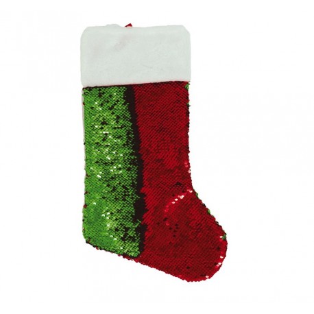 CALZA BEFANA 41CM ROSSA E VERDE CON PAILLETTES TIPO GIRABRILLA CON BORDATURA BIANCA PER FESTE DI NATALE EPIFANIA