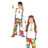 COSTUME CARNEVALE RAINBOW HIPPIE 10/12 ANNI VESTITO COMPL. DI BANDANA/CAMICIA CON GILET/PANTALONI ANNI 60/70 NO ACCESSOR