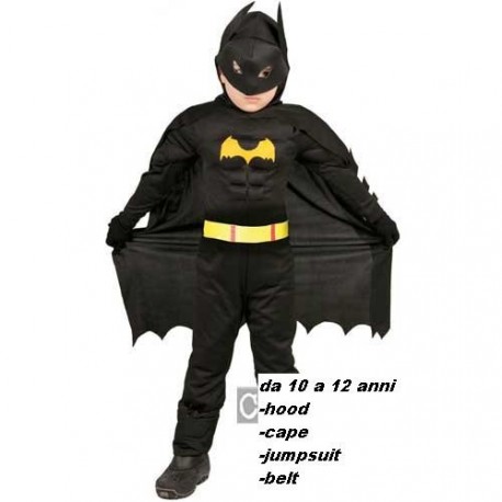 VESTITO CARNEVALE BLACK HERO INFANTIL BATMAN NERO 10/12 ANNI 100%  POLIESTERE COMPLETO DI 4